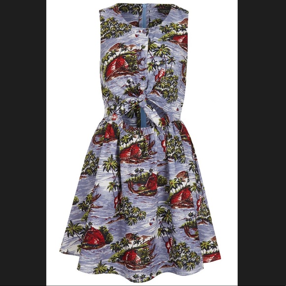 TOPSHOP Hawaiian Boat Print Dress With Tie Front - Picture 1 of 7
